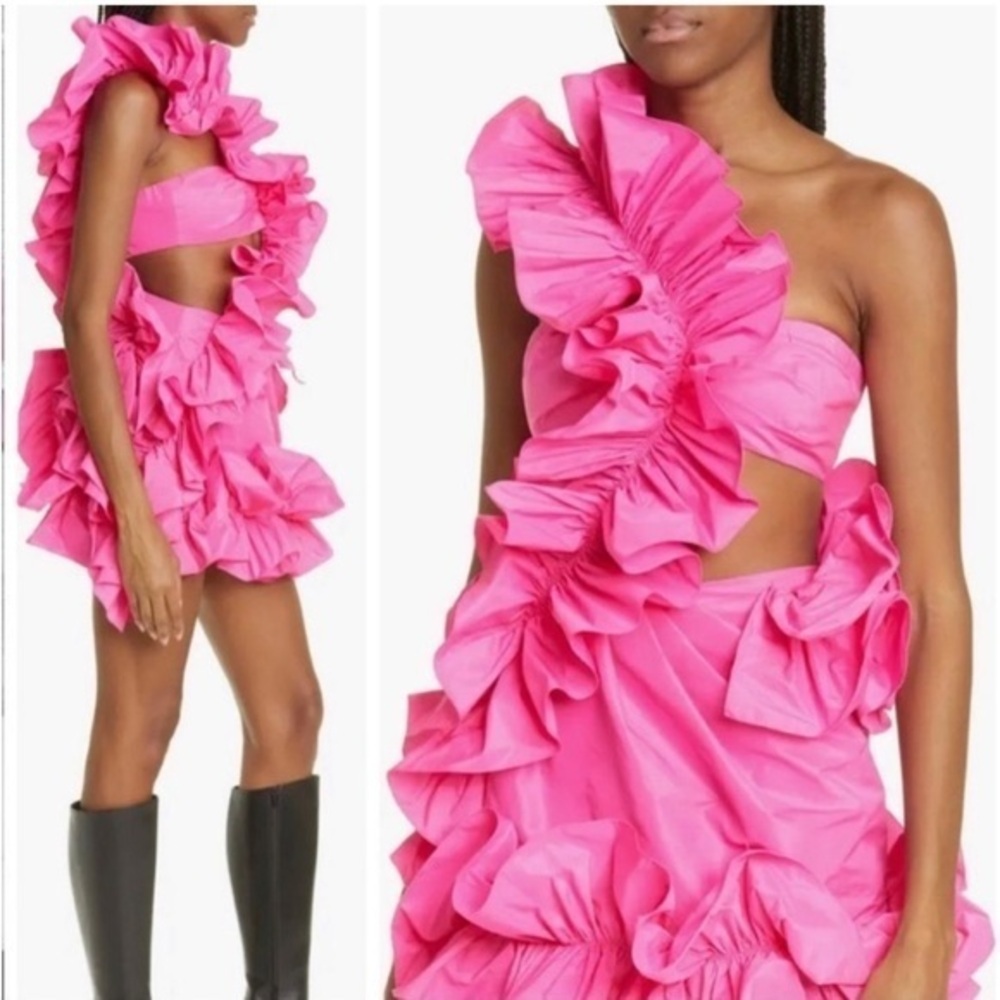 Aknvas Dress Ruby Ruffle Mini One Shoulder Cutout in Bubblegum Pink